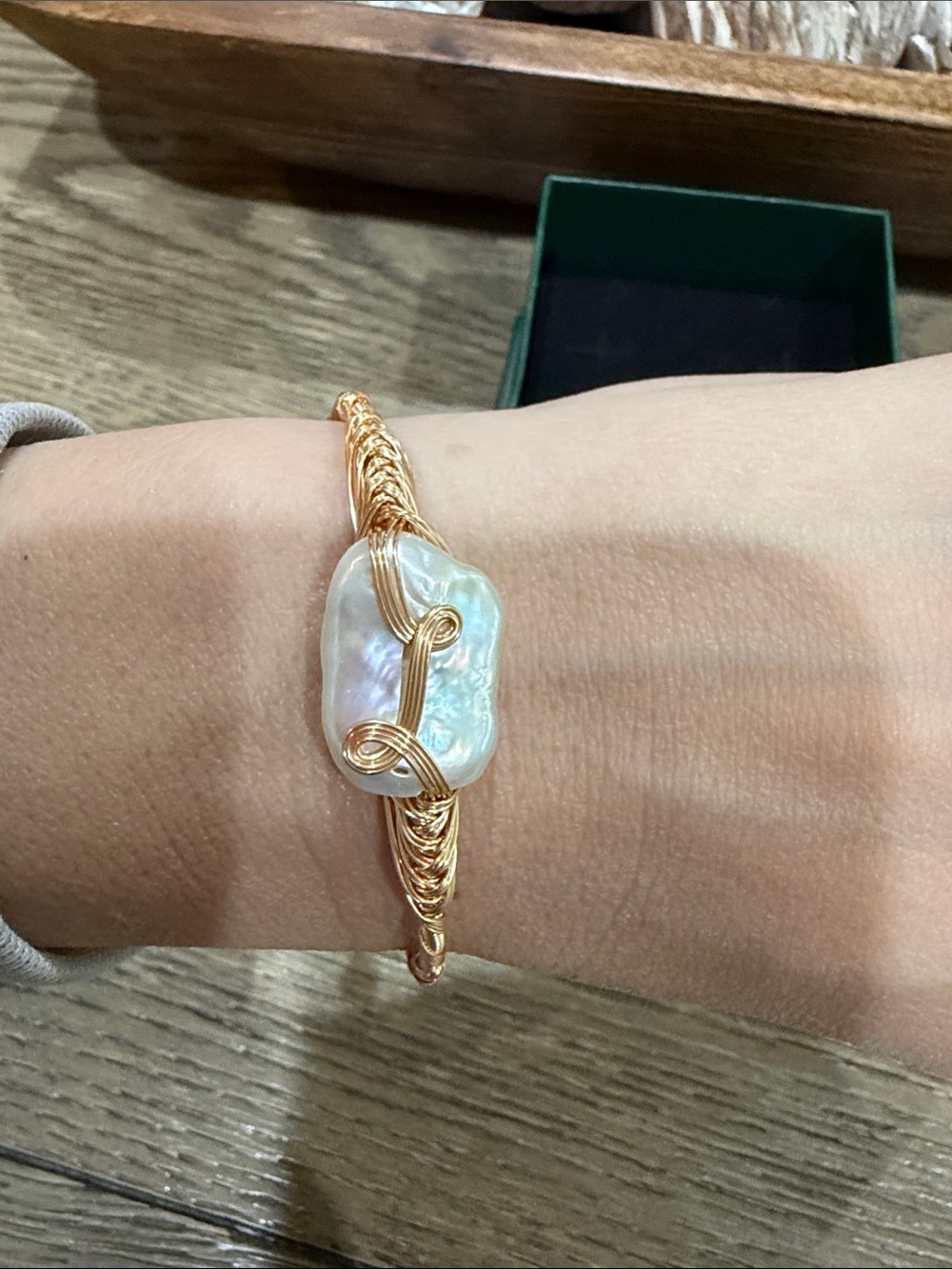 Gold Wire-Wrapped Baroque Pearl Cuff Bracelet - Iridescent White 2 Pearls On End - Picture 3 of 4